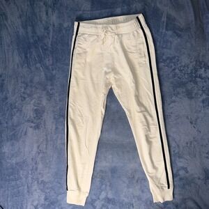 Bo' Athletics white track pants with black stripes